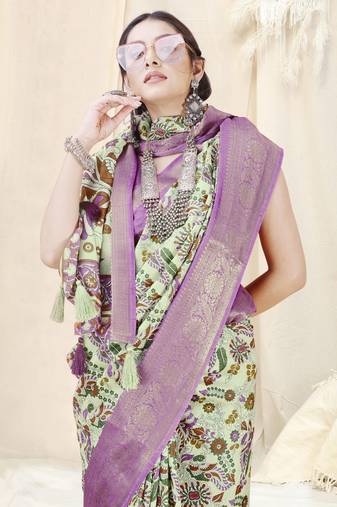 Light pista green silk blend kalamkari print woven copper zari border/tassels saree with unstitched blouse piece