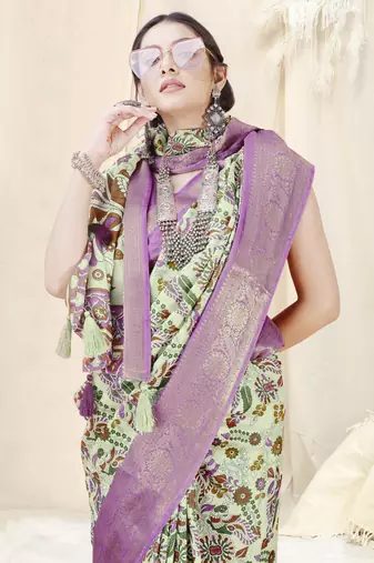 Light pista green silk blend kalamkari print woven copper zari border/tassels saree with unstitched blouse piece