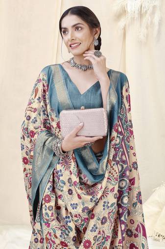 Cream Silk Blend Kalamkari Print Woven Copper Zari Border/Tassels Saree With Unstitched Blouse Piece