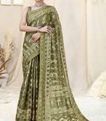 Olive Green Cotton Block Print Golden Zari Border/Tassels Saree With Unstitched Blouse Piece
