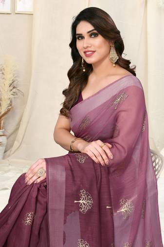 Wine Cotton Blend Omber Foil Block Print Silver Zari Border Saree With Unstitched Blouse Piece