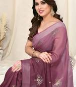 Wine Cotton Blend Omber Foil Block Print Silver Zari Border Saree With Unstitched Blouse Piece