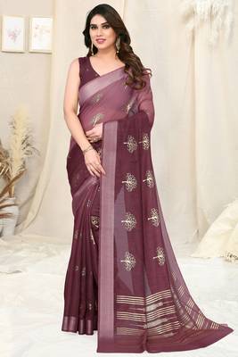 Wine Cotton Blend Omber Foil Block Print Silver Zari Border Saree With Unstitched Blouse Piece 2
