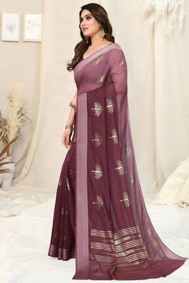 Wine Cotton Blend Omber Foil Block Print Silver Zari Border Saree With Unstitched Blouse Piece 3