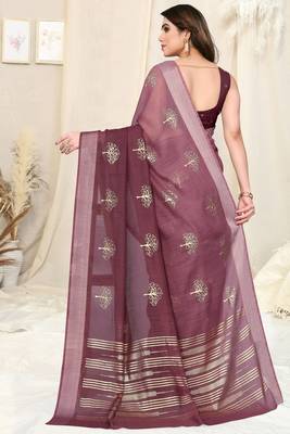 Wine Cotton Blend Omber Foil Block Print Silver Zari Border Saree With Unstitched Blouse Piece 4