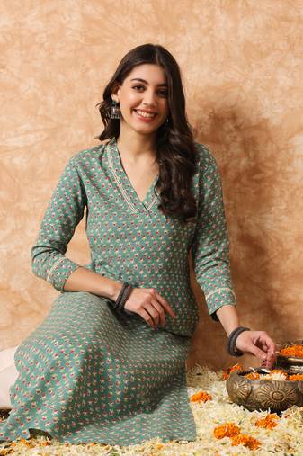 Sage green and off white floral printed kurta set