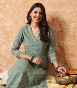 Sage green and off white floral printed kurta set