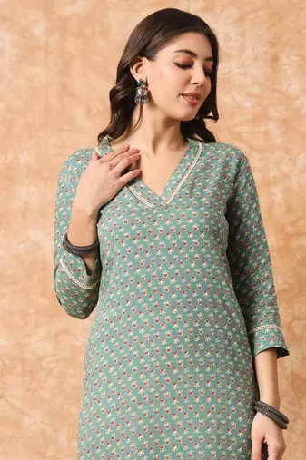 Sage green and off white floral printed kurta set