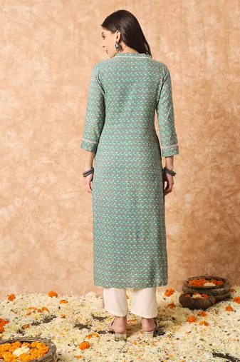 Sage green and off white floral printed kurta set