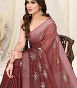 Maroon Cotton Blend Omber Foil Block Print Silver Zari Border Saree With Unstitched Blouse Piece