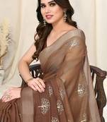Brown cotton blend omber foil block print silver zari border saree with unstitched blouse piece