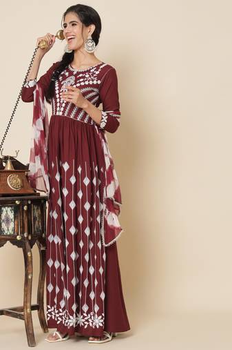 Maroon and white embroidered anarkali dress with dupatta