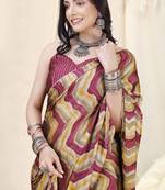 Maroon chiffon foil chevron/laheriya print gotta pati lace border saree with unstitched blouse piece