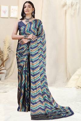 Blue Chiffon Foil Chevron/Laheriya Print Gotta Pati Lace Border Saree With Unstitched Blouse Piece 2