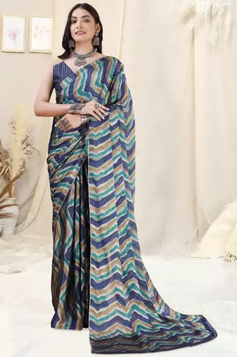 Blue Chiffon Foil Chevron/Laheriya Print Gotta Pati Lace Border Saree With Unstitched Blouse Piece