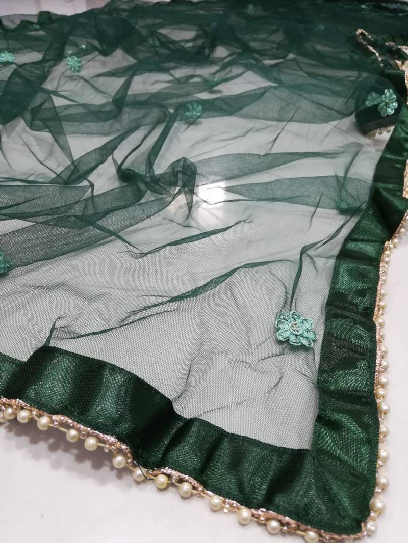 Green Thread Embroidered Georgette Semi Stitched Lehenga Choli For Bride