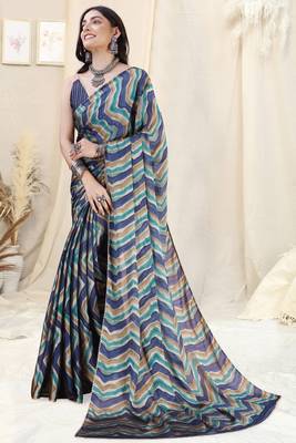 Blue Chiffon Foil Chevron/Laheriya Print Gotta Pati Lace Border Saree With Unstitched Blouse Piece 3