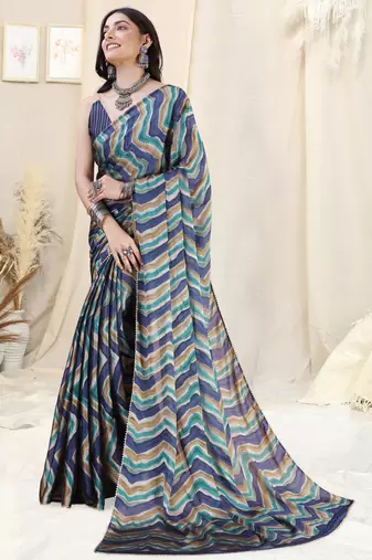 Blue Chiffon Foil Chevron/Laheriya Print Gotta Pati Lace Border Saree With Unstitched Blouse Piece