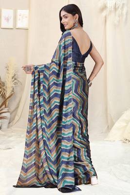Blue Chiffon Foil Chevron/Laheriya Print Gotta Pati Lace Border Saree With Unstitched Blouse Piece 4