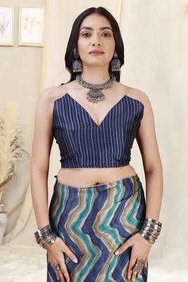 Blue Chiffon Foil Chevron/Laheriya Print Gotta Pati Lace Border Saree With Unstitched Blouse Piece 5