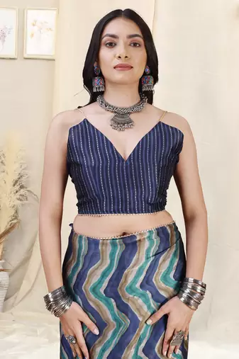 Blue Chiffon Foil Chevron/Laheriya Print Gotta Pati Lace Border Saree With Unstitched Blouse Piece