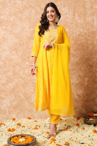 Yellow bandhani embroidered anarkali suit set with dupatta
