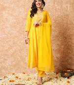 Yellow bandhani embroidered anarkali suit set with dupatta