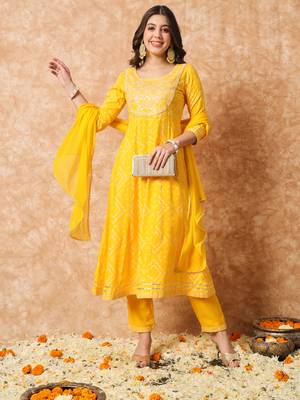 Yellow bandhani embroidered anarkali suit set with dupatta 4