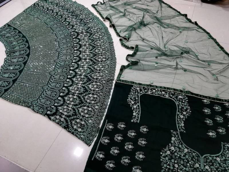 Green Thread Embroidered Georgette Semi Stitched Lehenga Choli For Bride