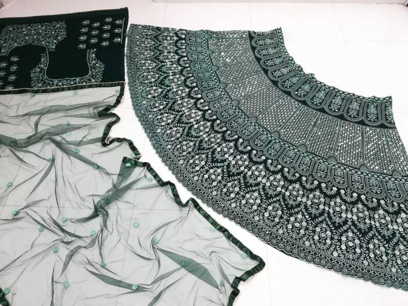 Green Thread Embroidered Georgette Semi Stitched Lehenga Choli For Bride
