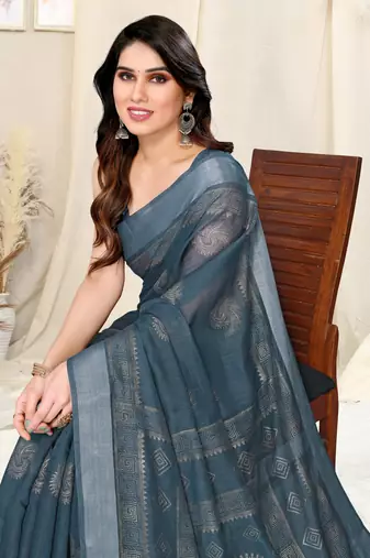 Grey Cotton Foil Work Geometric Print Silver Zari Border Saree With Unstitched Blouse Piece