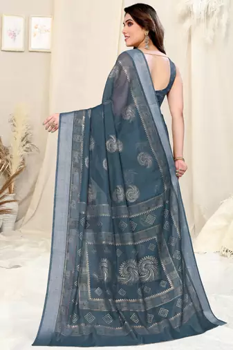 Grey Cotton Foil Work Geometric Print Silver Zari Border Saree With Unstitched Blouse Piece