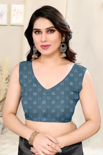 Grey Cotton Foil Work Geometric Print Silver Zari Border Saree With Unstitched Blouse Piece
