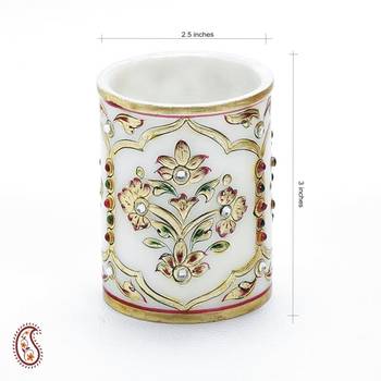Gold Leaf and Kundan work Pen Holder in White Marble  1