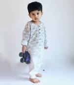 White cotton printed block night suit set