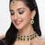Drop shaped ad green stones collar bone necklace set with earring & maangtika jewellery set for women (ns105614)