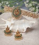 Temple gold plated green beads choker necklace set with studs earring jewellery set for women (ns105622)