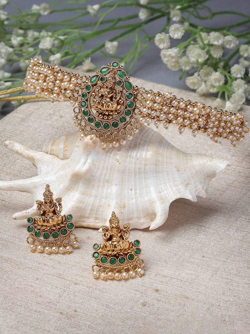 Temple gold plated green beads choker necklace set with studs