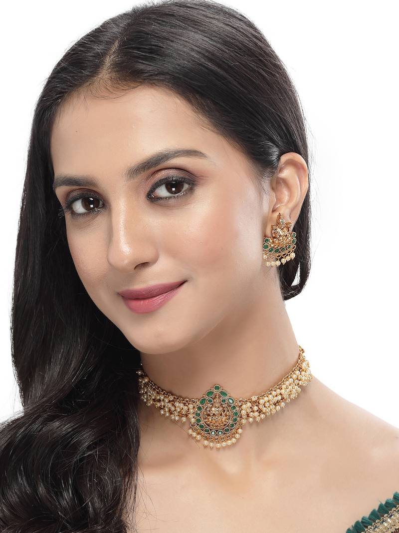 Temple gold plated green beads choker necklace set with studs earring jewellery set for women (ns105622)