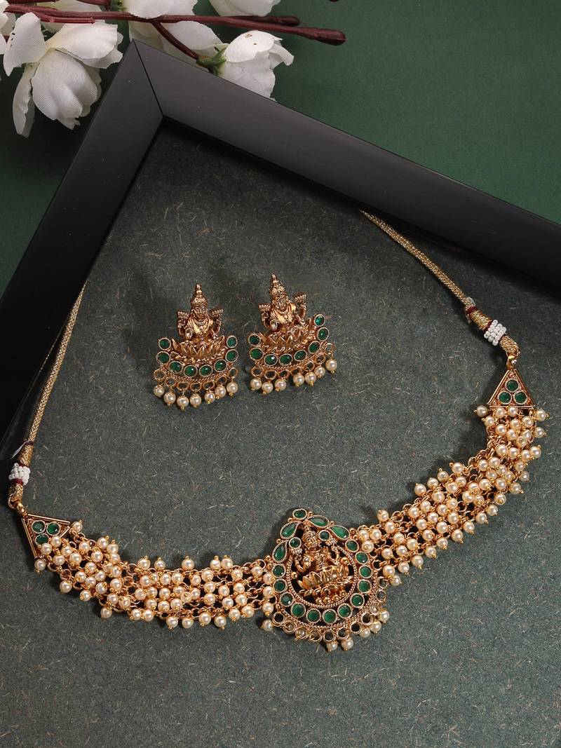 Temple gold plated green beads choker necklace set with studs earring jewellery set for women (ns105622)
