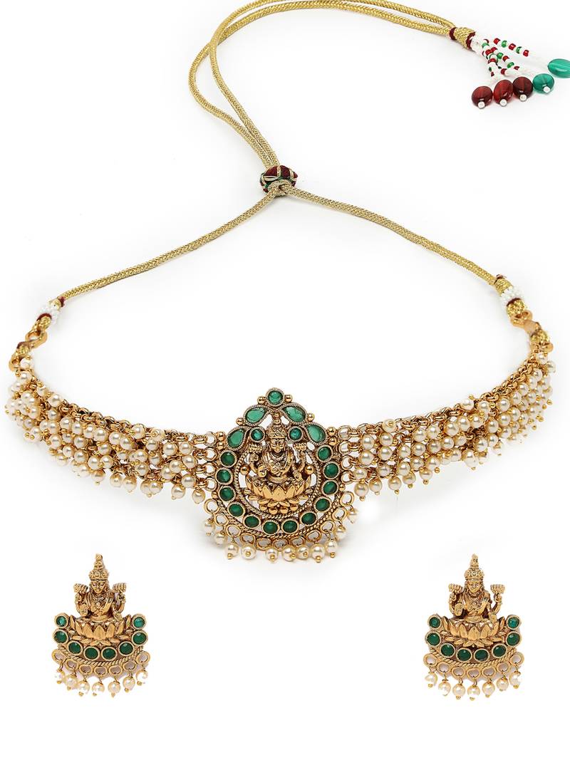 Temple gold plated green beads choker necklace set with studs earring jewellery set for women (ns105622)