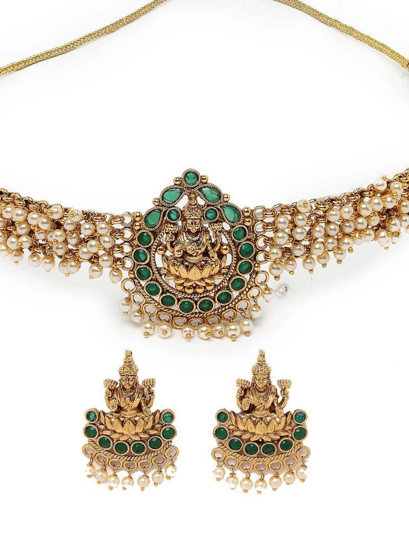 Temple gold plated green beads choker necklace set with studs earring jewellery set for women (ns105622)