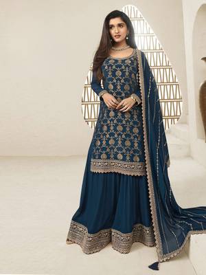 Teal embroidered heavy chinon salwar suit semi stitched 1