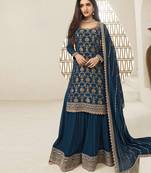 Teal embroidered heavy chinon salwar suit semi stitched