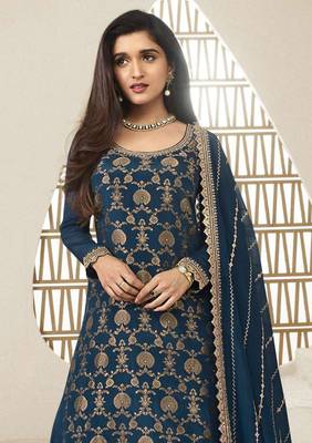 Teal embroidered heavy chinon salwar suit semi stitched 2