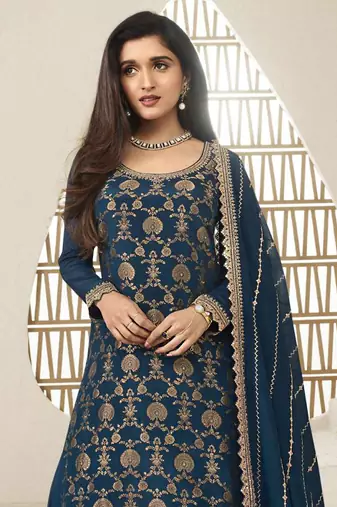 Teal embroidered heavy chinon salwar suit semi stitched