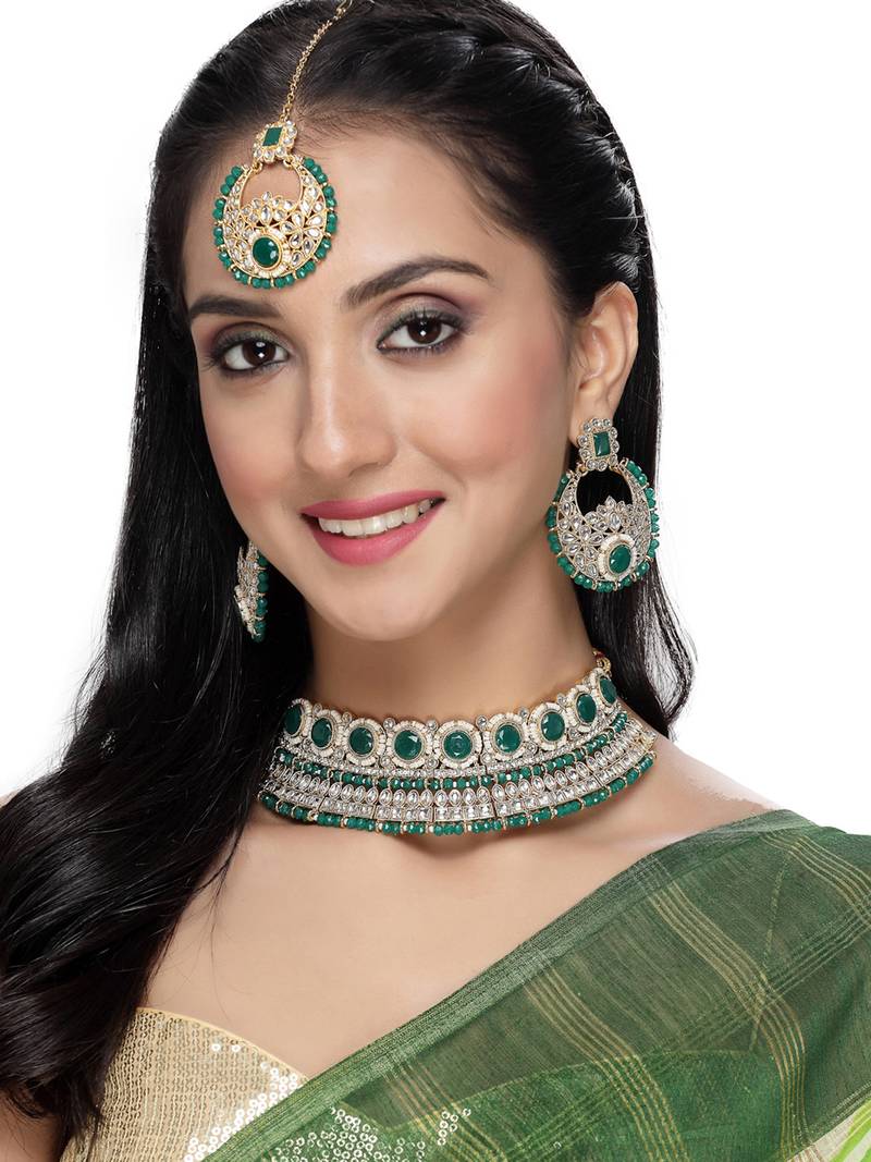 Gold plated green kundan beads choker necklace set with earring