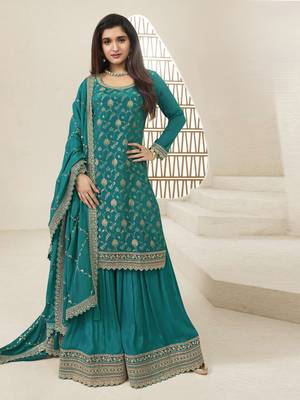 Green embroidered heavy chinon salwar suit semi stitched 1