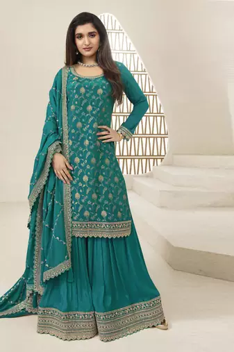 Green embroidered heavy chinon salwar suit semi stitched