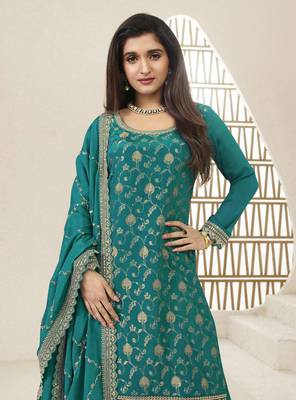 Green embroidered heavy chinon salwar suit semi stitched 2
